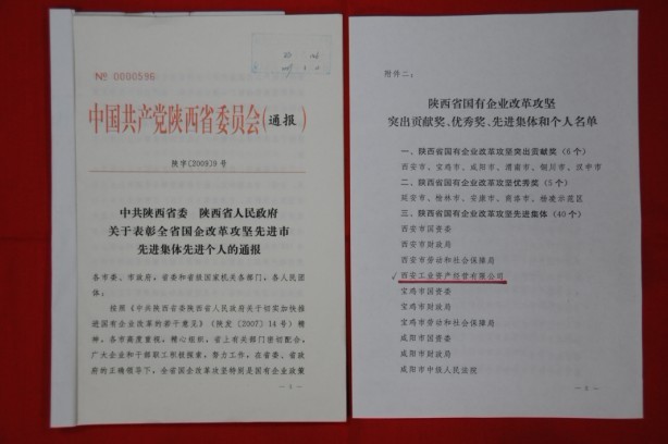 2009年2月，被陜西省委、省政府授予陜西省國有企業(yè)改革攻堅先進(jìn)集體